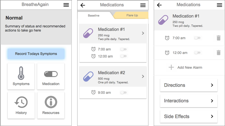 Landing page and Medication section in our breatheAgain Axure prototype